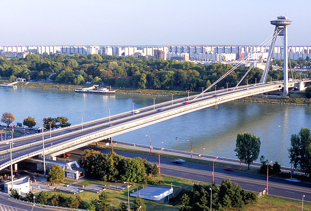 SNP Bridge spans Danube River, a rare example of tasteful 20th century Communist era architecture, Bratislava, Slovakia, Europe