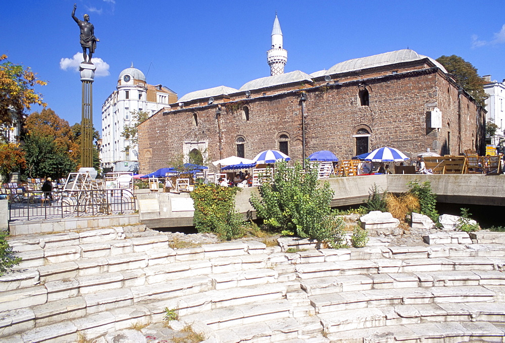 Seats of ruined Roman stadium and Dzhumaya mosque, Dzhumaya Square, Plovdiv, Bulgaria, Europe