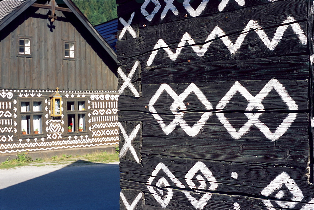 Unique decoration of houses based on patterns used in traditional embroidery in village of Cicmany, UNESCO World Heritage Site, Zilina region, Slovakia, Europe