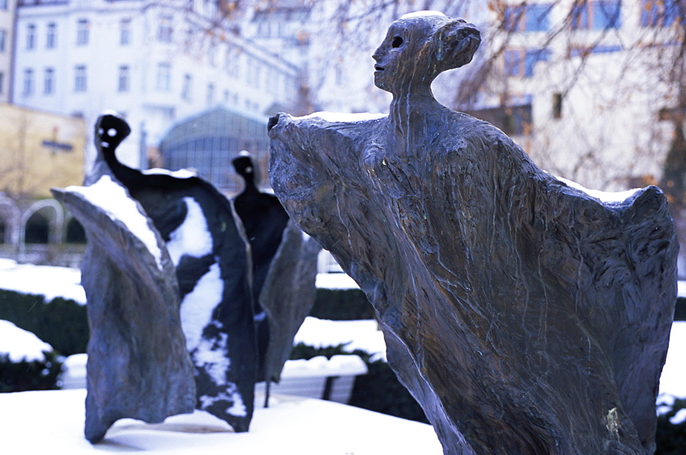 Snow covered statues in Frantiskanska Garden, Nove Mesto, Prague, Czech Republic, Europe