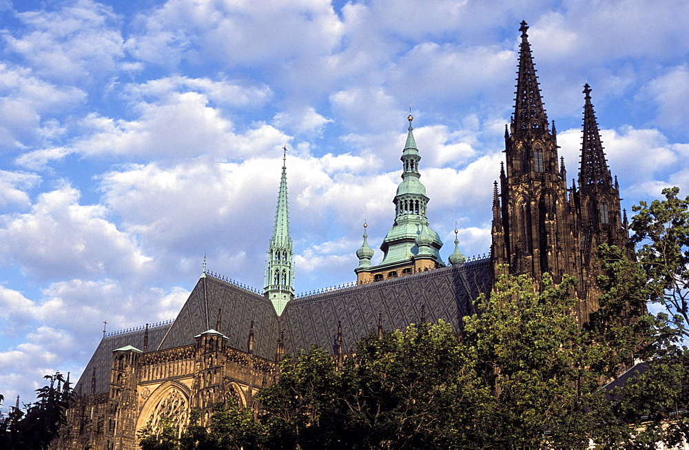 Roof line of Gothic spires of St. Vitus Cathedral, Prague Castle, Hradcany, Prague, Czech Republic, Europe