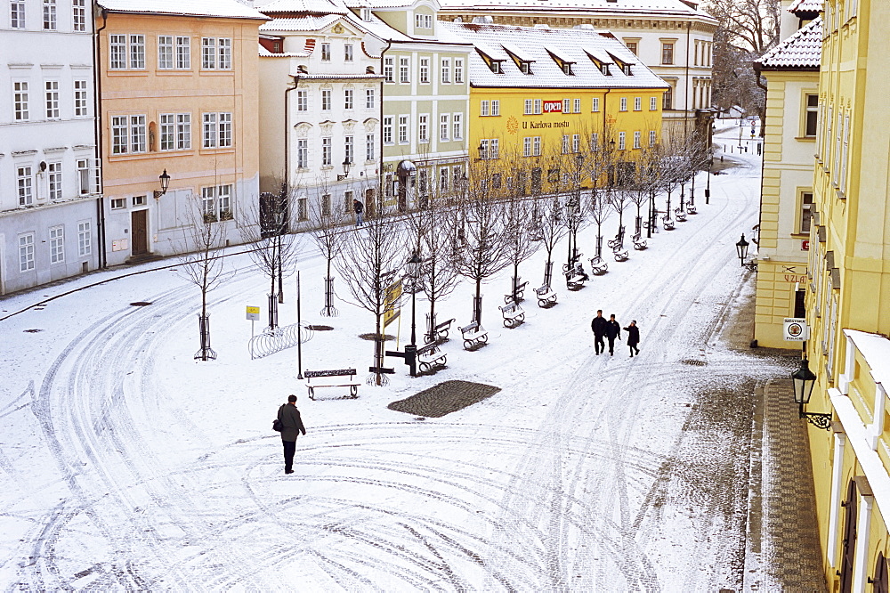 Snow covering Na Kampe Square, Kampa Island, Mala Strana suburb, Prague, Czech Republic, Europe