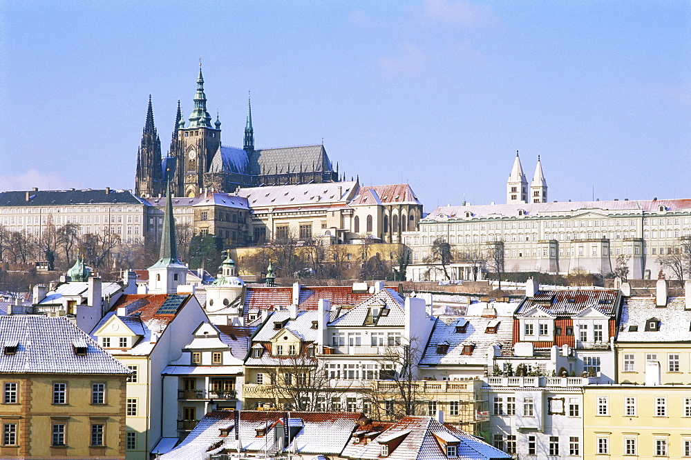 Prague Castle and houses of Mala Strana suburb in winter, Prague, Czech Republic, Europe