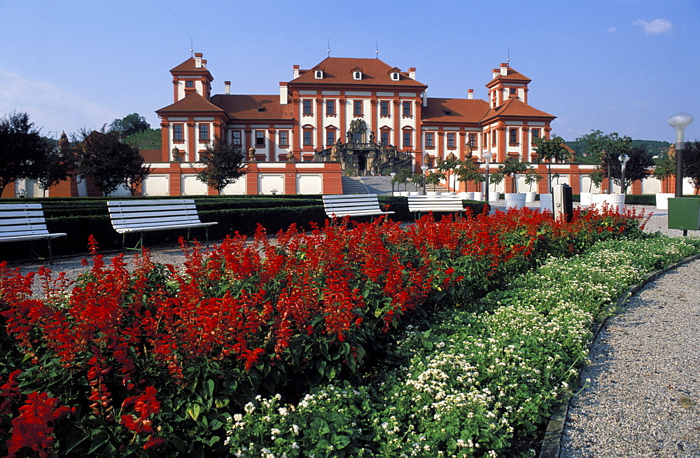 Floral bed and exterior of Baroque Troja Chateau, Troja, Prague, Czech Republic, Europe