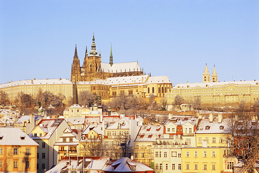 Prague Castle and houses of Mala Strana suburb in winter, Prague, Czech Republic, Europe