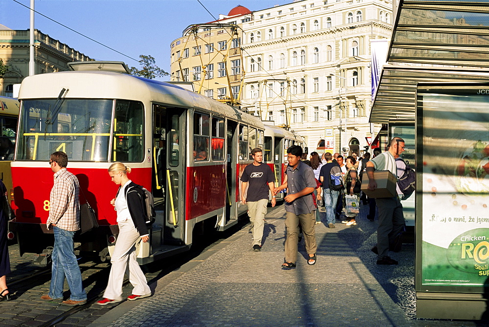 Passengers and trams at namesti Miru (square), Vinohrady, Prague, Czech Republic, Europe