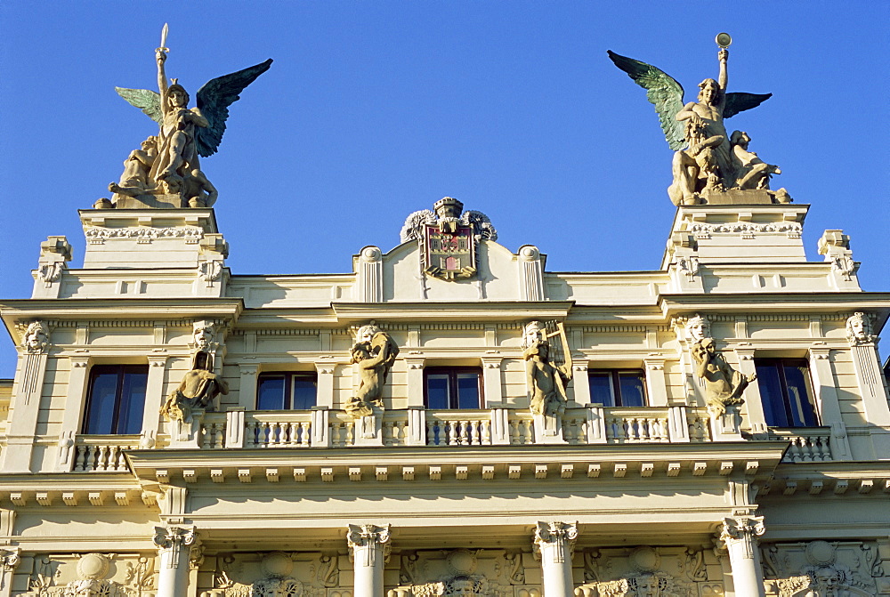 Detail of the facade of Vinohrady Theatre, built in 1909, on namesti Miru (Square), Vinohrady, Prague, Czech Republic, Europe