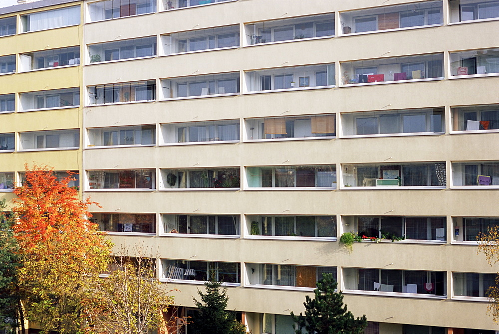 Detail of facade of prefabricated housing built in the 1960s where many Czechs live in cities, Prosek, Prague, Czech Republic, Europe