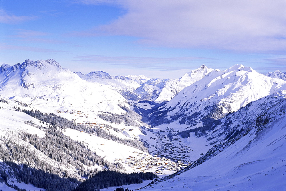 Snow-covered valley and ski resort town of Lech, Austrian Alps, Lech, Arlberg, Austria, Europe