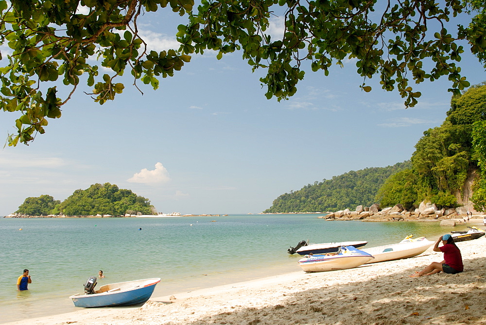 Boats and visitors at Nipah Beach, Pangkor Island, Perak State, Malaysia, Southeast Asia, Asia