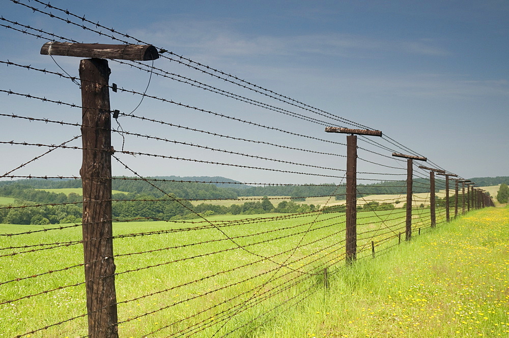 Only section that remains of Iron Curtain in Czech Republic, 350m length of barbed wire fence, Cizov, Podyji National Park, Brnensko Region, Czech Republic, Europe