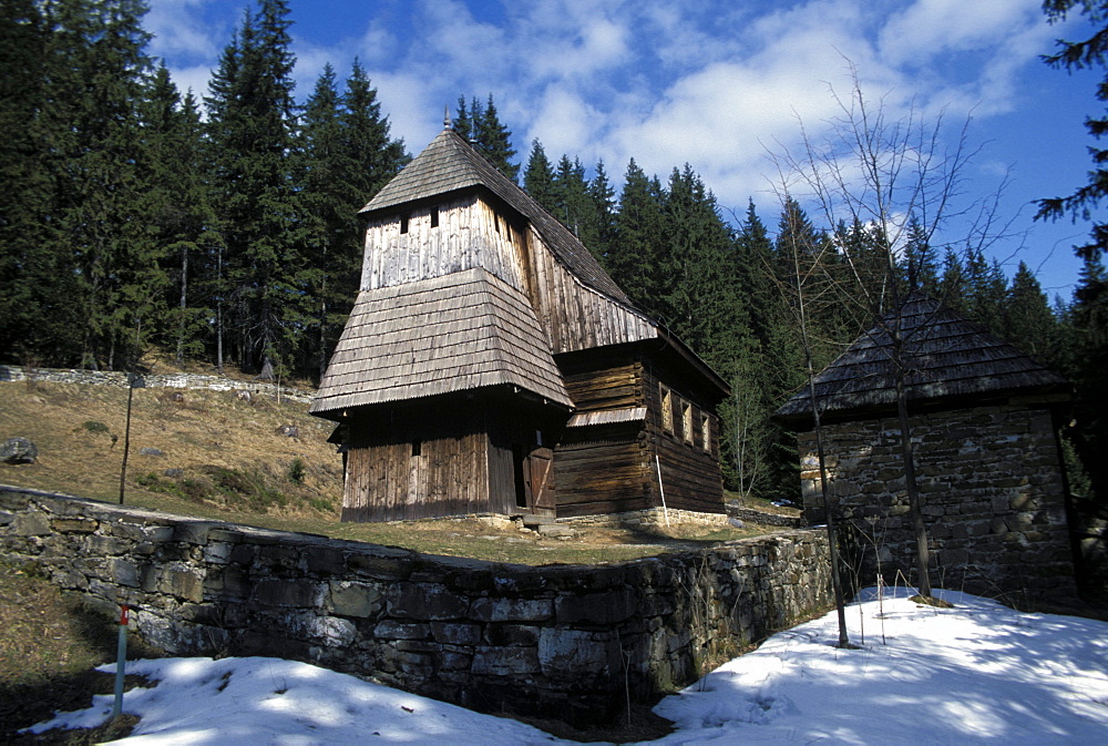 Exterior of wooden Ruthenian Orthodox church in village of Zuberec, Zilina Region, Slovakia, Europe