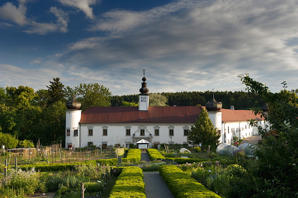 Schiltern Castle from accross Arche Noah bio produce garden, Schiltern, Niederosterreich, Austria, Europe