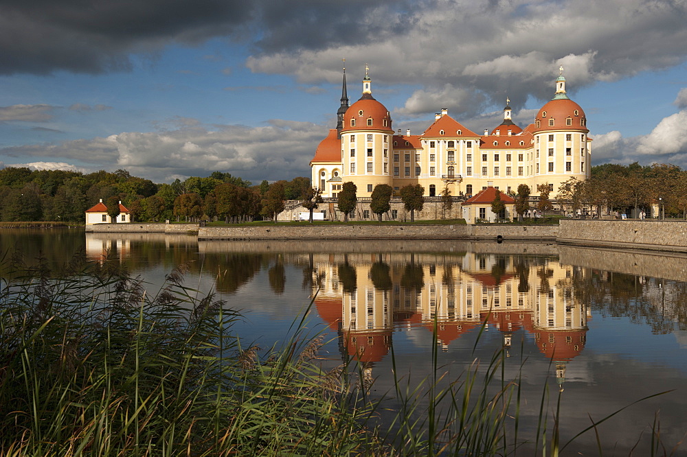 Baroque Moritzburg Castle and reflections in lake, Mortizburg, Sachsen, Germany, Europe