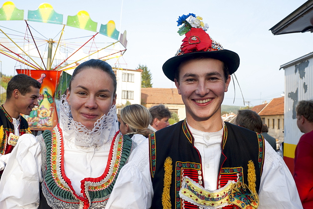 Woman and man wearing Zdanice folk dress during Feast with Law festival at village of Zdanice, Brnensko, Czech Republic, Europe