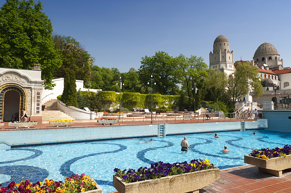 Outdoor pool with people, Gellert Baths, Budapest, Hungary, Europe