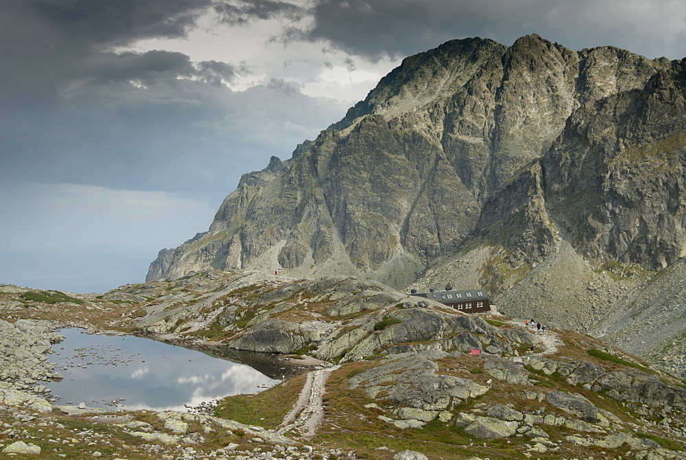 Zbojnicka Hut and pond at Rovienkova Basin, High Tatra Mountains, Slovakia, Europe 