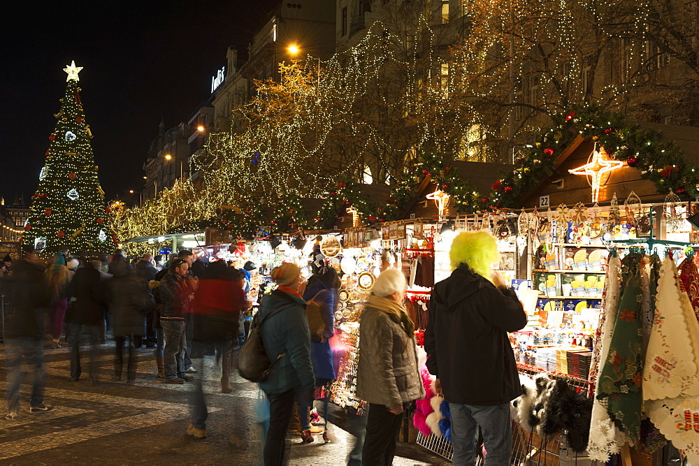 Christmas Market and Christmas tree at Wenceslas Square during Advent evening, Nove Meso, Prague, Czech Republic, Europe