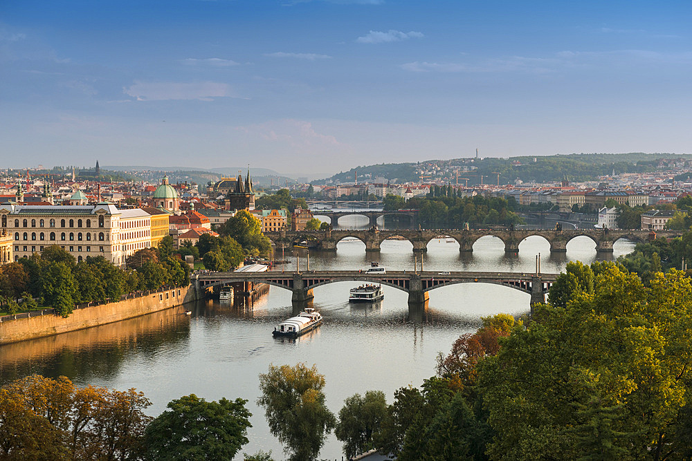 View of Bridges across Vltava River, Old Town (Stare Mesto), Prague, Czechia, Europe