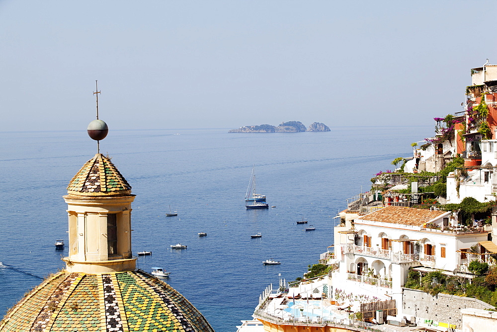 View of Positano with the typical majolica dome of Santa Maria Assunta, Costiera Amalfitana, UNESCO World Heritage Site, Campania, Italy, Europe