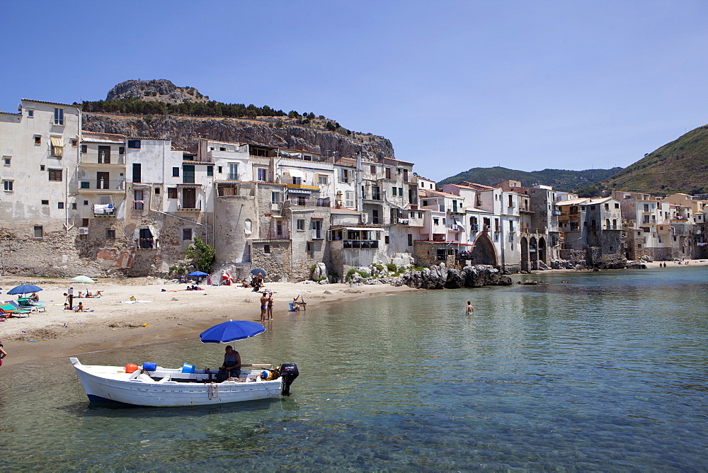 View of Cefalu beach, Sicily, Italy, Mediterranean, Europe