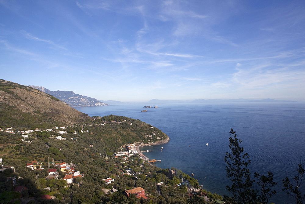 View of the entire Amalfi Coast, UNESCO World Heritage Site, from the top of the Ieranto Bay, Campania, Italy, Mediterranean, Europe 