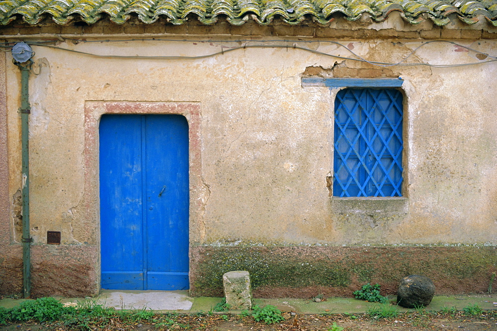 House with blue door and window, Bagia, Sardinia, Italy, Mediterranean, Europe