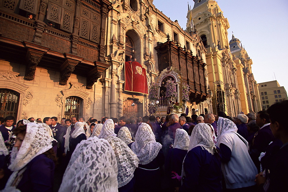 Crowds celebrating Christian festival of Easter Sunday, Lima, Peru, South America