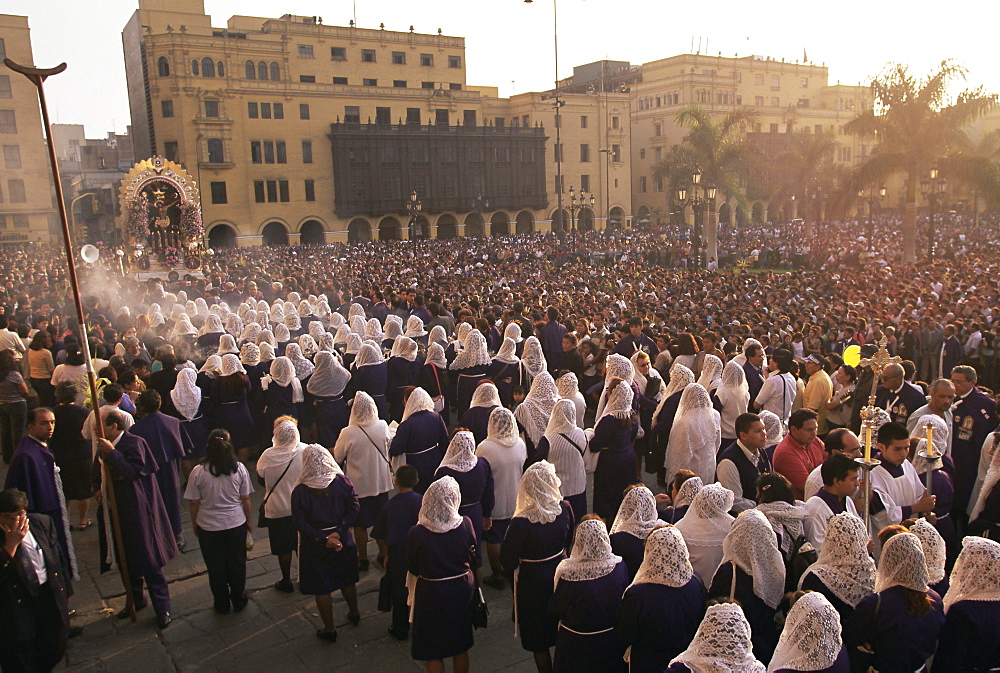 Crowds of people at Christian festival of Easter Sunday, Lima, Peru, South America