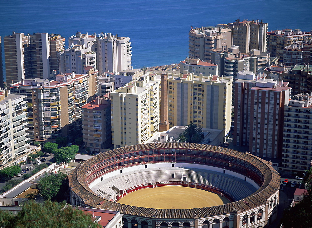 Aerial view over the bullring and city, Malaga, Costa del Sol, Andalucia (Andalusia), Spain, Mediterranean, Europe