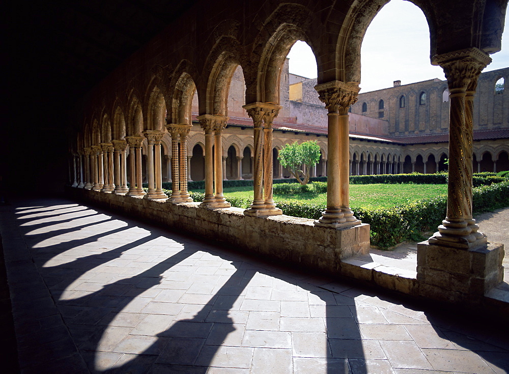 Sunlight and shadows, cloisters, Monreale, Palermo, Sicily, Italy, Mediterranean, Europe