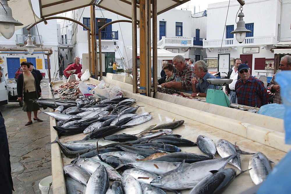 Mikonos fish market, Cyclades, Greek Islands, Greece, Europe