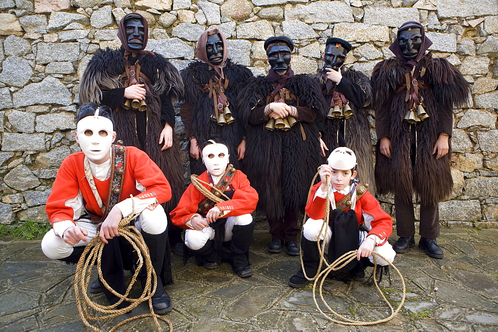 A group of young Mamuthones and Issocadores Mamoiada, Barbagia, Sardinia, Italy, Europe