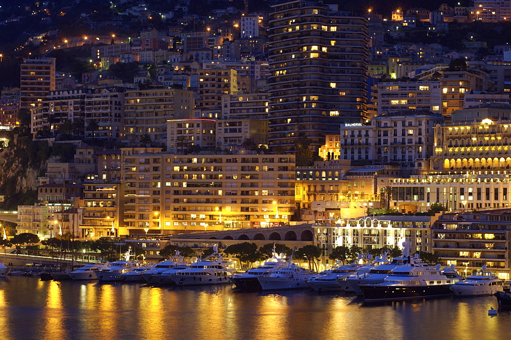 Waterfront at night, Monte Carlo, Principality of Monaco, Cote d'Azur, Mediterranean, Europe