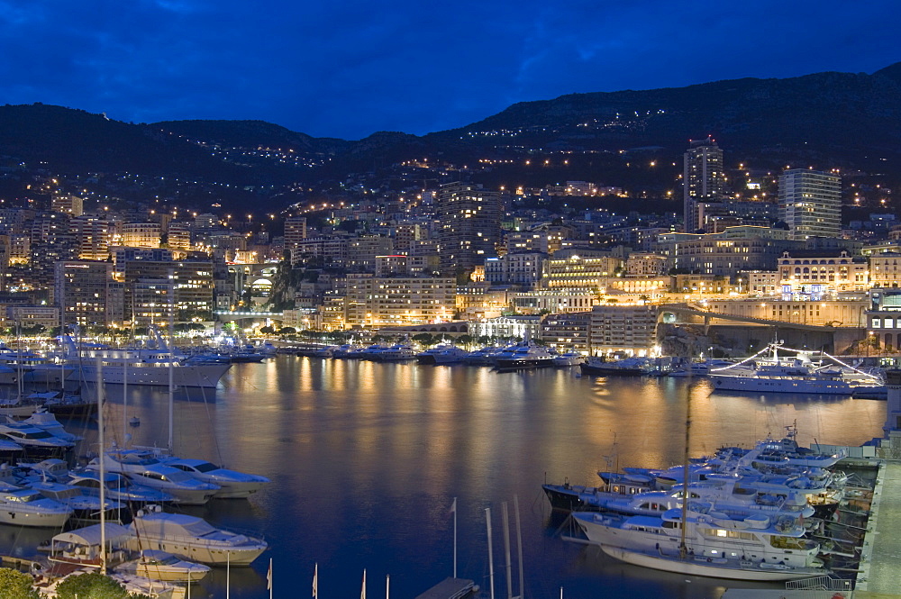 Waterfront at night, Monte Carlo, Principality of Monaco, Cote d'Azur, Mediterranean, Europe