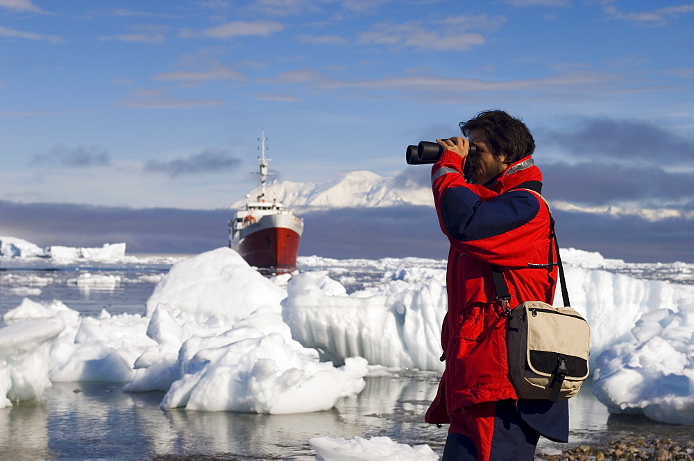 Antarctic Dream ship and Chilean ornithologist Rodrigo Tapia, Neko Harbor, Gerlache Strait, Antarctic Peninsula, Antarctica, Polar Regions