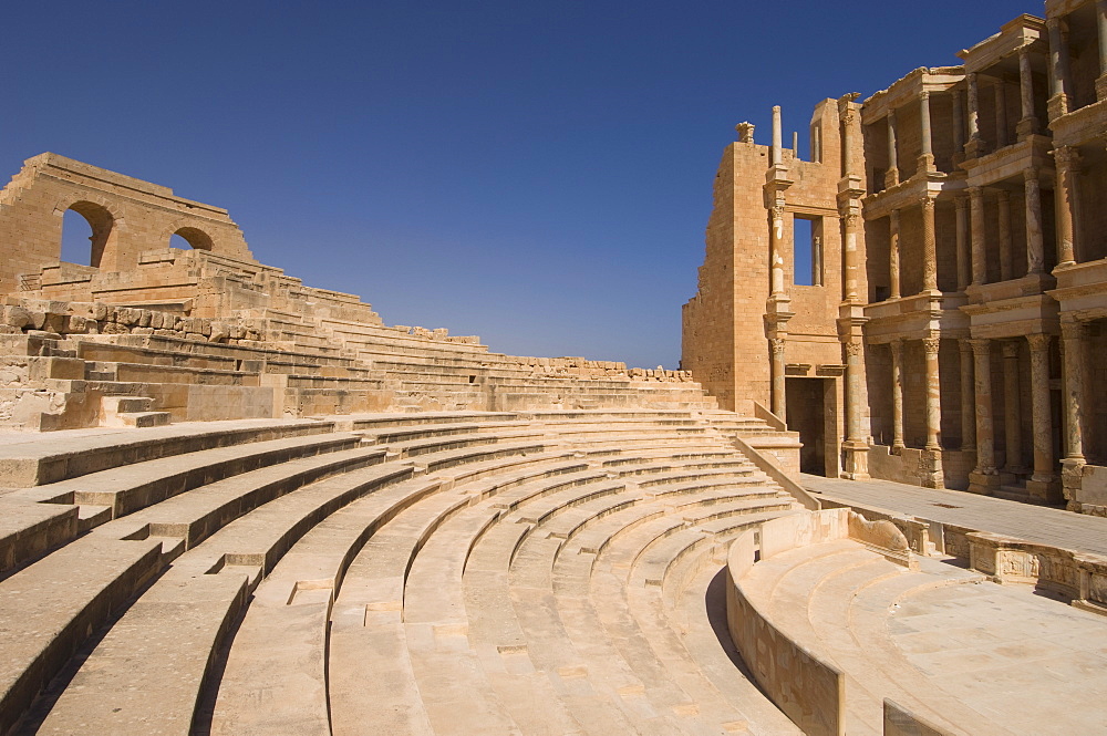 Roman Theatre, Sabratha Roman site, UNESCO World Heritage Site, Tripolitania, Libya, North Africa, Africa