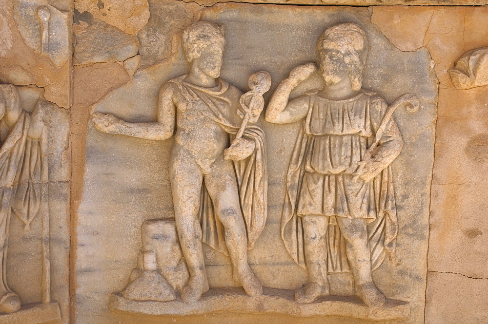 Relief at Roman Theatre, Sabratha Roman site, UNESCO World Heritage Site, Tripolitania, Libya, North Africa, Africa