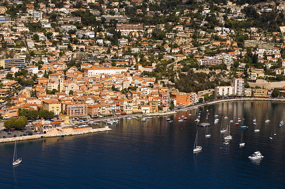 View from helicopter of Villefranche, Alpes-Maritimes, Provence, Cote d'Azur, French Riviera, France, Mediterranean, Europe