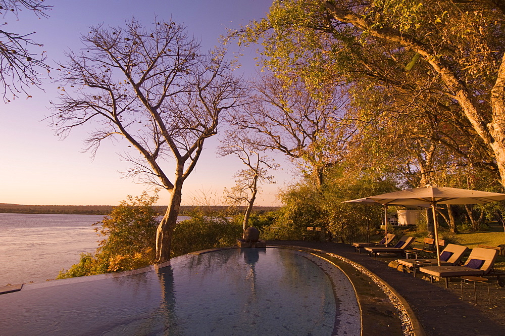 The River Club lodge, sunset on Zambesi River, Zambia, Africa