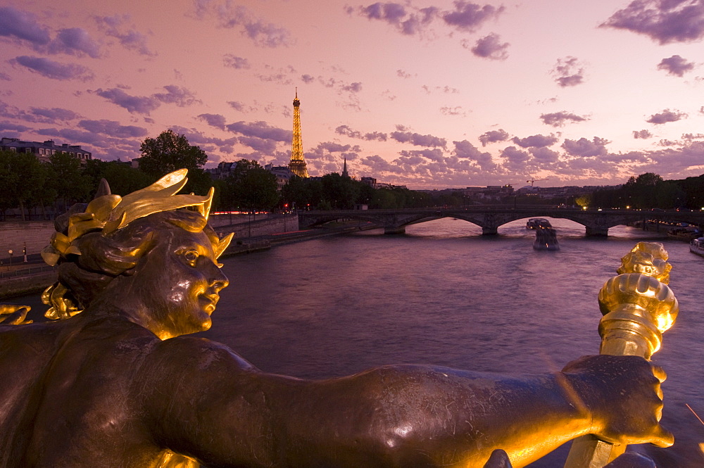 Pont Alexandre III, River Seine and Eiffel Tower, Paris, France, Europe