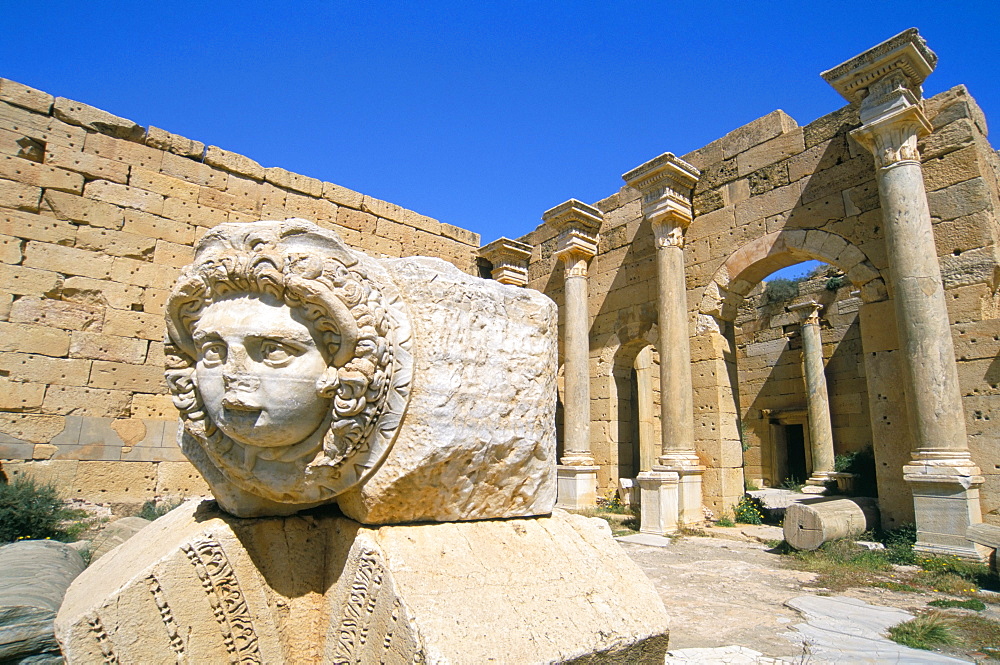 Gorgon head, Severan Forum, Leptis Magna, UNESCO World Heritage Site, Tripolitania, Libya, North Africa, Africa