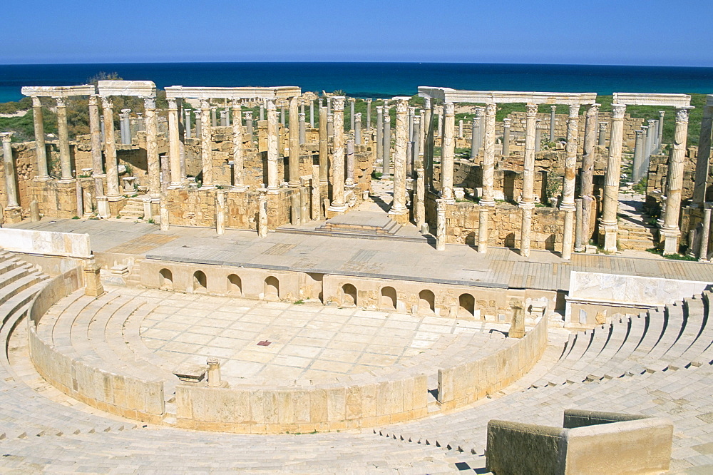 Theatre, Leptis Magna, UNESCO World Heritage Site, Tripolitania, Libya, North Africa, Africa