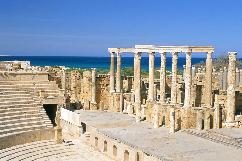 Theatre, Leptis Magna, UNESCO World Heritage Site, Tripolitania, Libya, North Africa, Africa