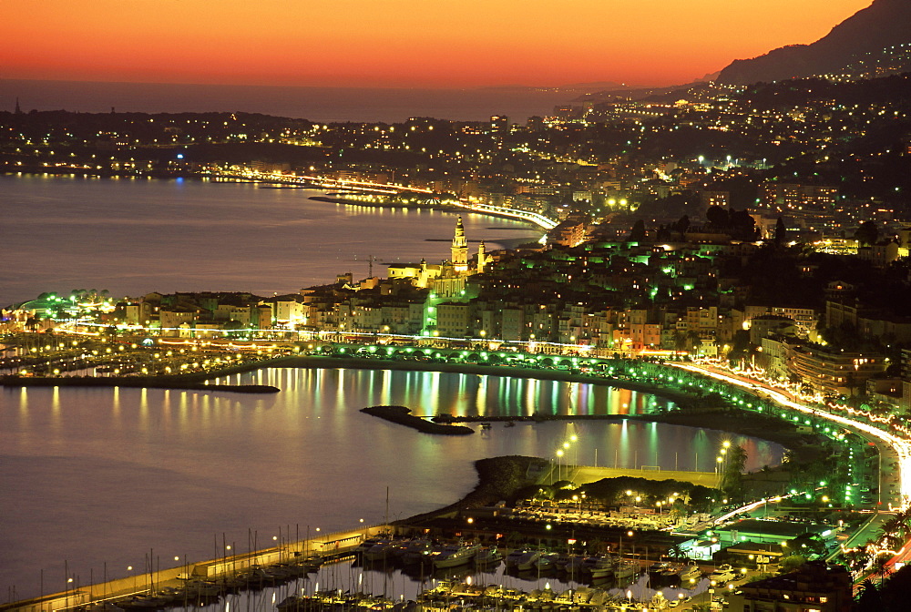 Late evening view over Menton, Alpes Maritimes, Provence, Cote d'Azur, French Riviera, France, Mediterranean, Europe