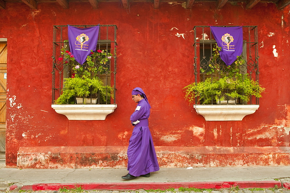 Window adorned for Holy Week Procession, Antigua, Guatemala, Central America