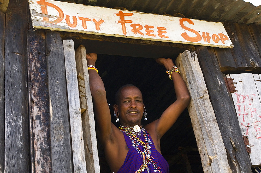 Masai man at airstrip duty free, Masai Mara, Kenya, East Africa, Africa