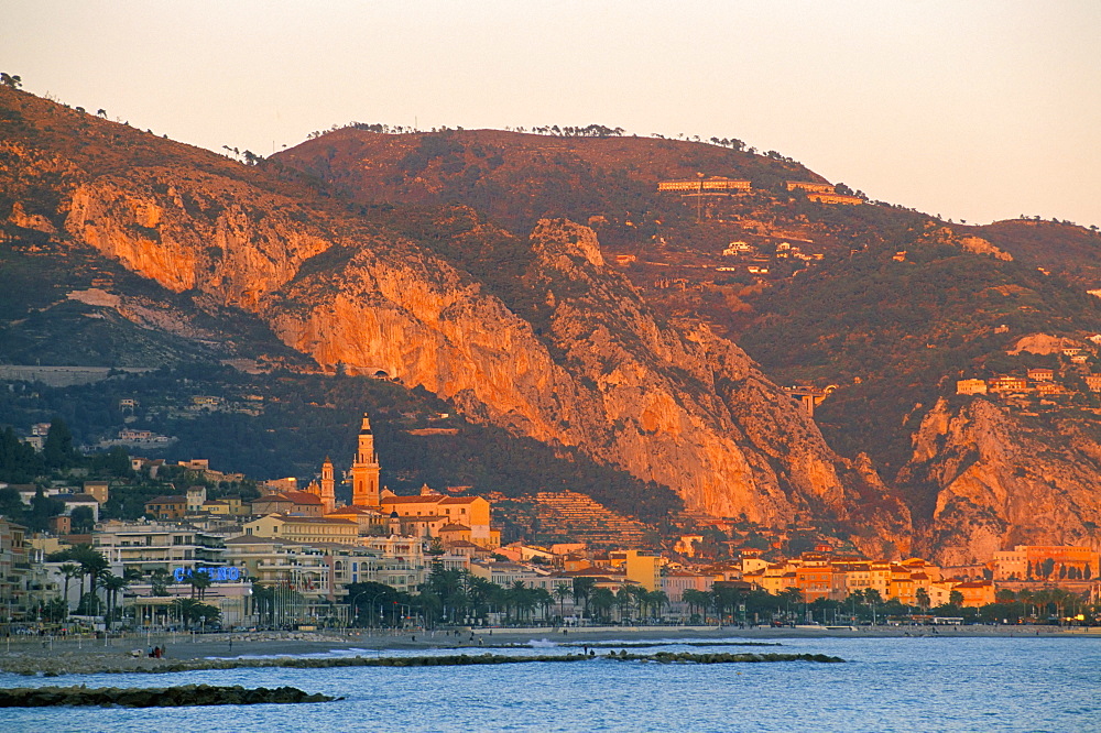 Menton at sunset, Alpes-Maritimes, Cote d'Azur, Provence, French Riviera, France, Mediterranean, Europe