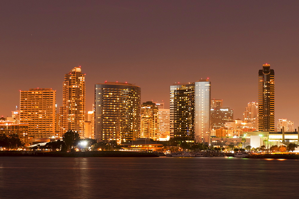 San Diego skyline at dusk from Coronado Island, California, United States of America, North America