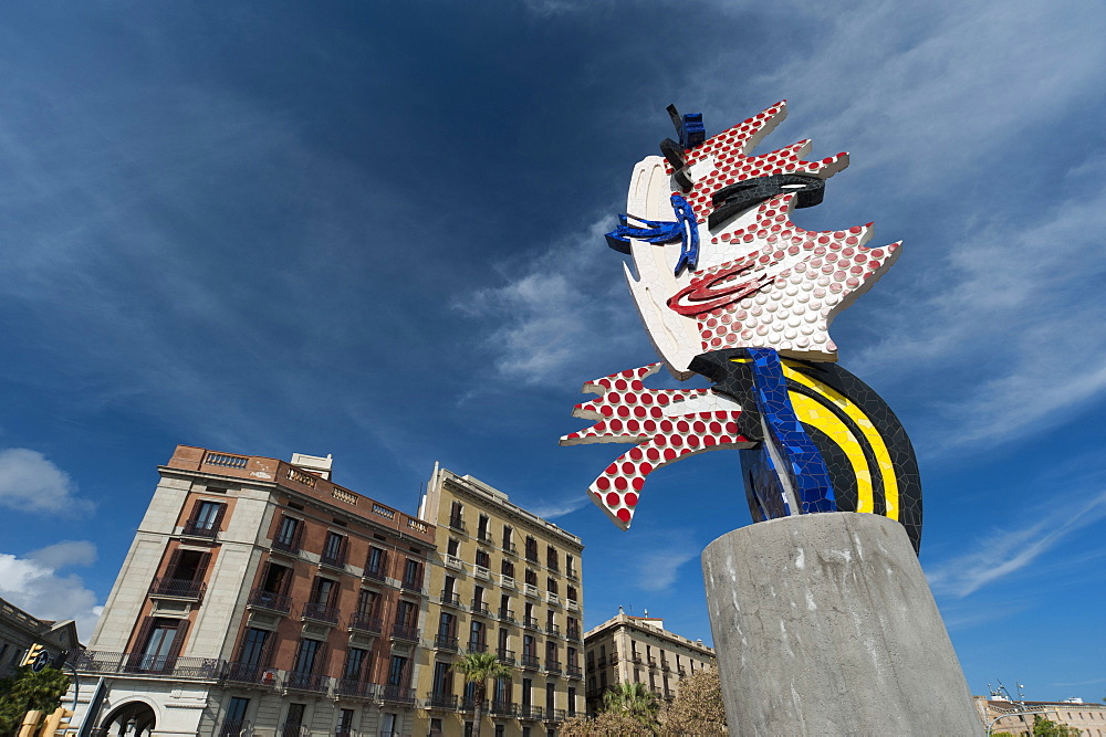 Sculpture entitled Barcelona Head by Roy Lichtenstein, Placa d'Antoni Lopez, Barcelona, Catalonia, Spain, Europe